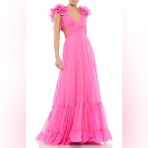 NWT Mac Duggal Ruffle Tiered Cut-Out Chiffon Gown in Hot Pink SIZE 6